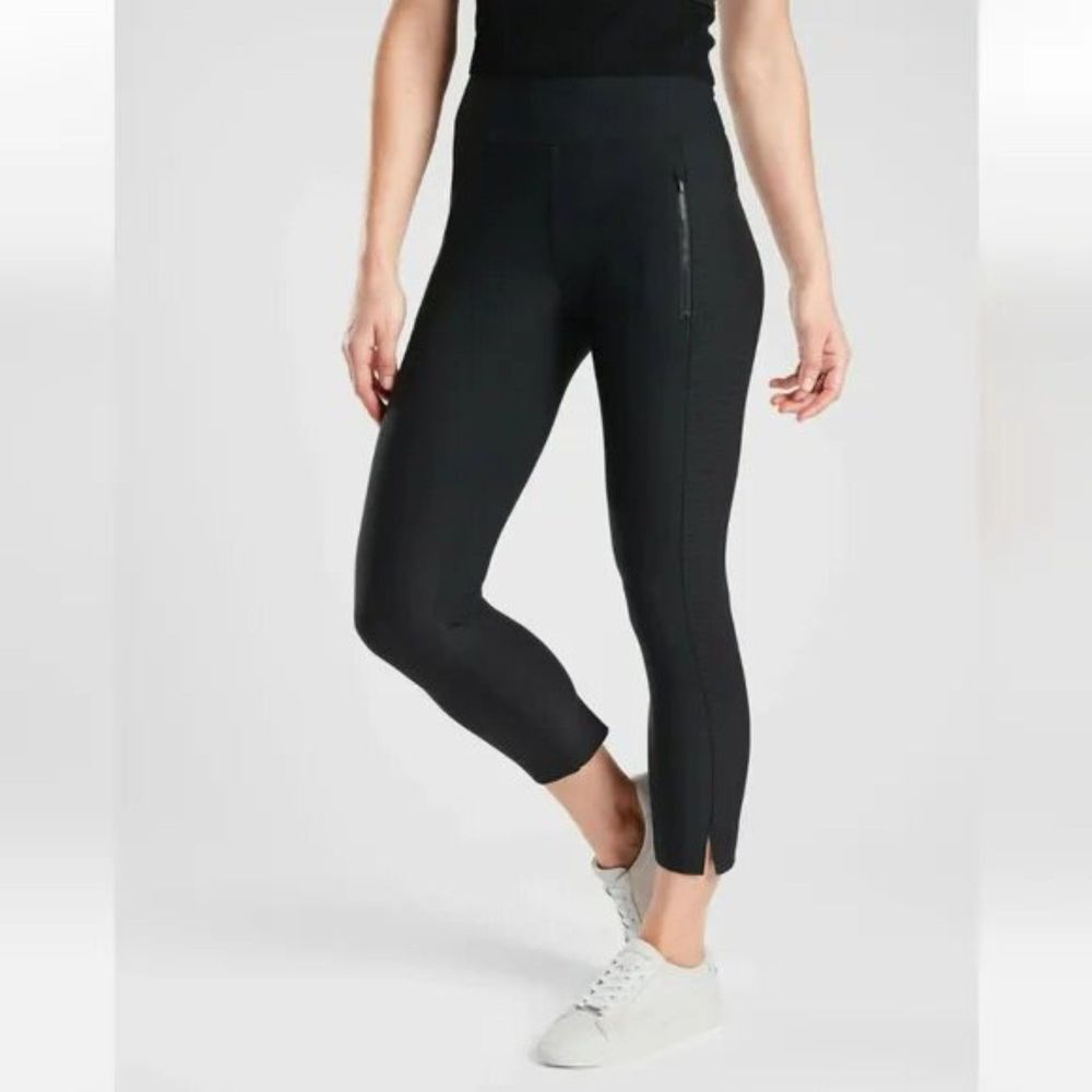 Athleta Stellar Crop Pants Black High Rise Lined Leggings Size M Pockets